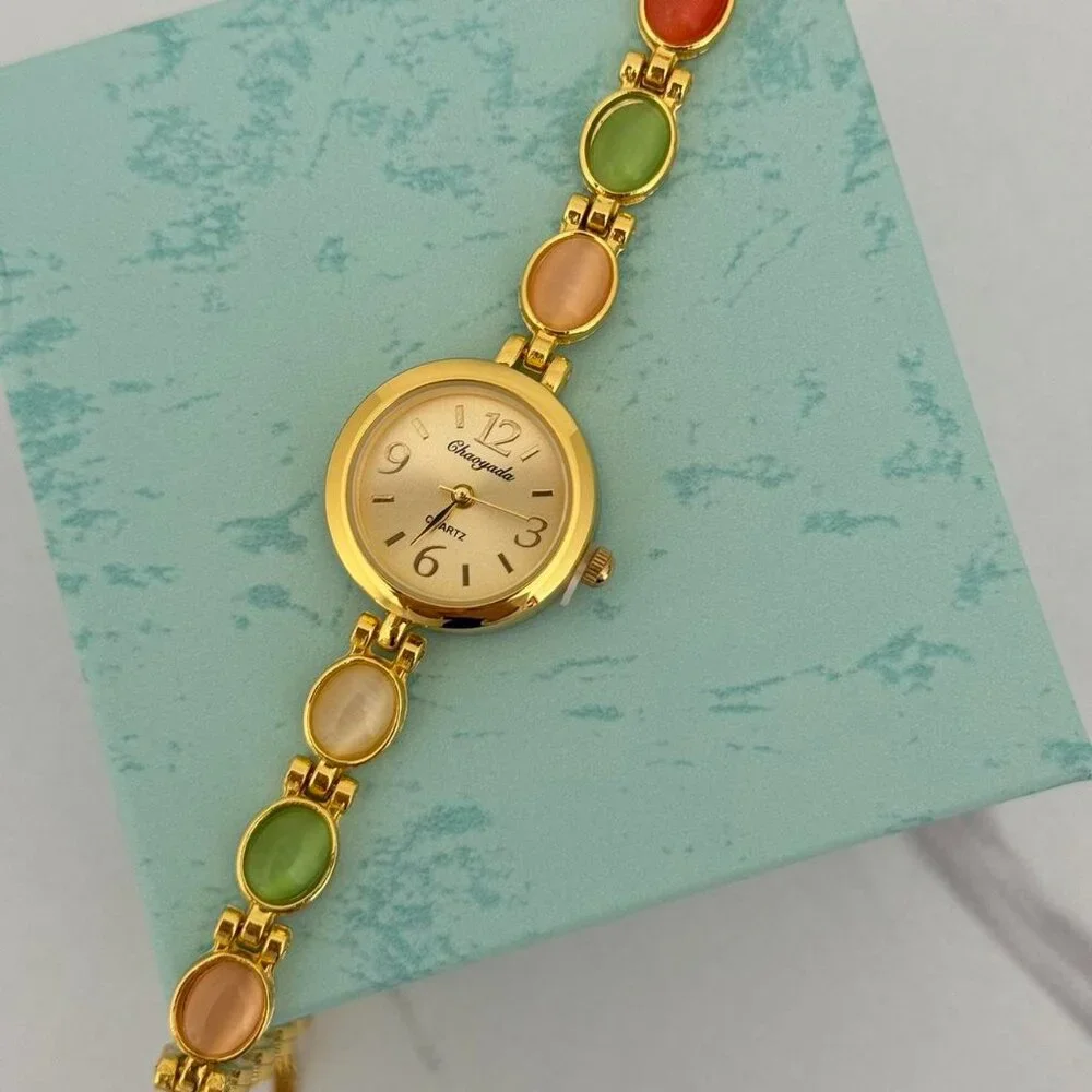 Sku:0223‎ vintage style gold mini watch with multicolored stones + in a gift box